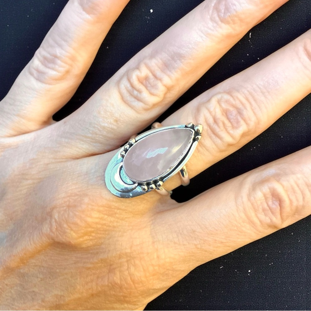 Lunar Rose Quartz Crescent Moon Ring, SS 925, SZ 7 - Picture 5 of 7
